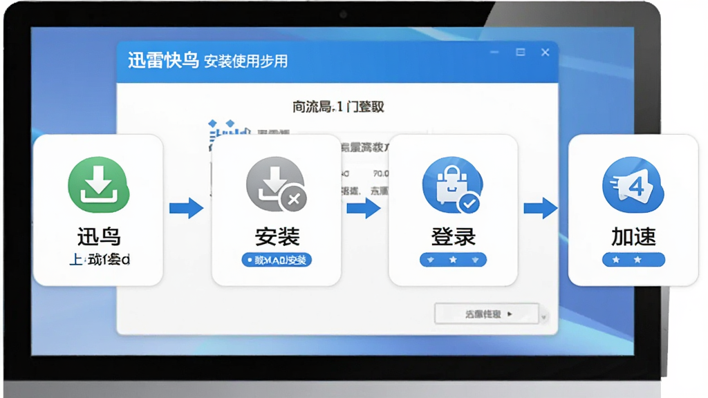 一张展示迅雷快鸟安装使用步骤的图片,主体为电脑屏幕上的安装向导界面,布局为四步流程图,排版从左到右依次排列,风格为教程说明图,细节包括下载、安装、登录、加速四个环节的图标与文字标注,画质高清,画面干净,无多余元素