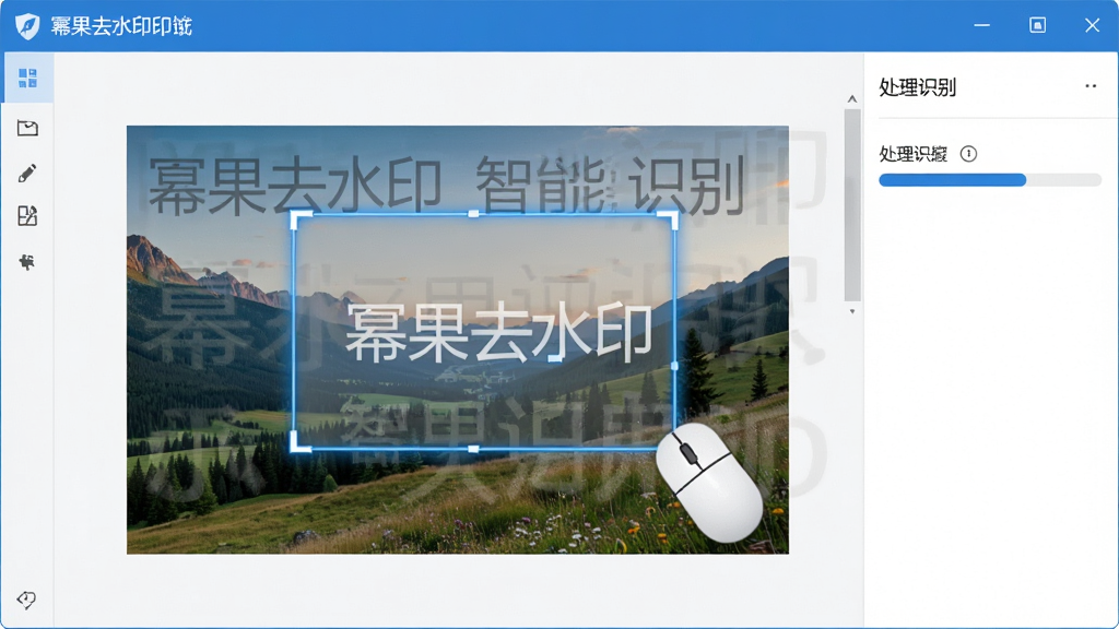 一幅展示幂果去水印智能识别功能的图片,画面中软件界面显示一张带有半透明水印的风景照片,用户正在用鼠标框选水印区域,软件自动高亮识别出水印边界,界面右侧显示处理进度条,整体风格简洁专业,蓝白配色,画质清晰,干净无多余元素