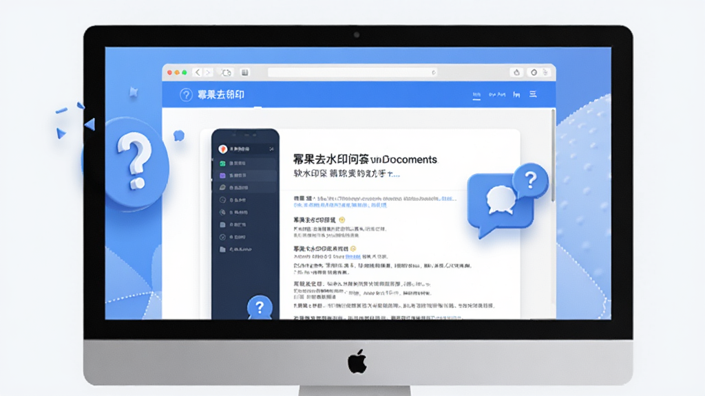 一幅展示幂果去水印问答场景的图片,画面中显示电脑屏幕上打开着软件帮助文档页面,旁边有问号图标和对话气泡元素,整体风格简洁现代,蓝白配色,画质清晰,干净无多余元素