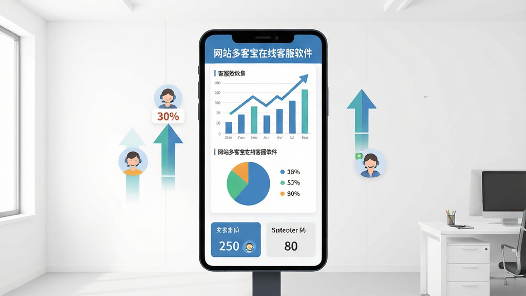 画面中央展示一块竖屏数据仪表盘,仪表盘上显示柱状图、饼图与数字卡片,卡片上标注“网站多客宝在线客服软件”名称。背景为白色简约办公室墙面,布局采用居中对称构图,风格为商务扁平插画,细节包括上升箭头、百分比标签与客服头像图标,画质清晰,干净,无多余元素。