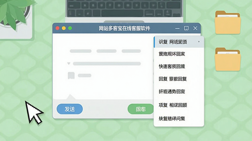 画面中央展示一个打开的对话窗口,窗口右侧弹出快捷回复列表,列表项包含常见问题文字条,窗口上方标注“网站多客宝在线客服软件”。背景为浅绿色办公桌面,布局采用左右分栏构图,风格为清新扁平插画,细节包括鼠标指针、发送按钮与知识库文件夹图标,画质清晰,干净,无多余元素。