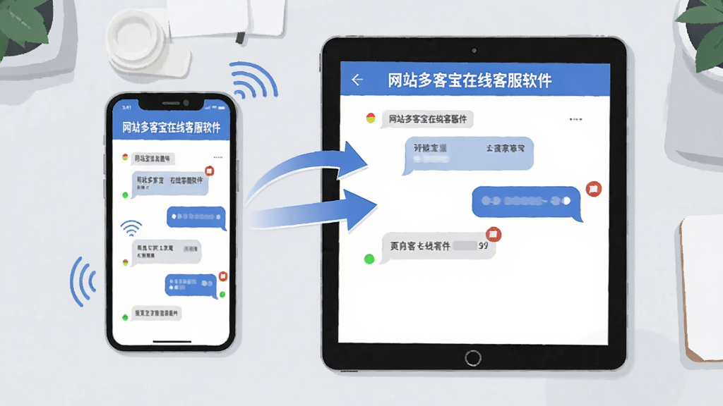 画面中央展示一部智能手机与一台平板电脑并排摆放,两块屏幕均显示“网站多客宝在线客服软件”的对话界面,消息气泡从手机飞向平板,形成同步箭头。背景为浅灰色极简工作台,布局采用左右并列构图,风格为现代扁平插画,细节包括信号波纹、消息角标与在线状态圆点,画质清晰,干净,无多余元素。