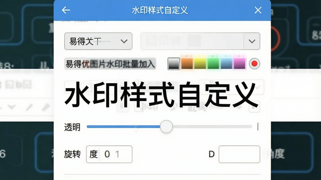 一张展示易得优图片水印批量加入机水印样式设置功能的图片,主体是软件参数调节面板特写,布局为面板占据画面中央,排版整齐,风格为扁平化UI设计风格,细节包括字体下拉菜单、颜色选择器、透明度滑块、旋转角度输入框,画质清晰干净无多余元素,图片中文字标注“水印样式自定义”