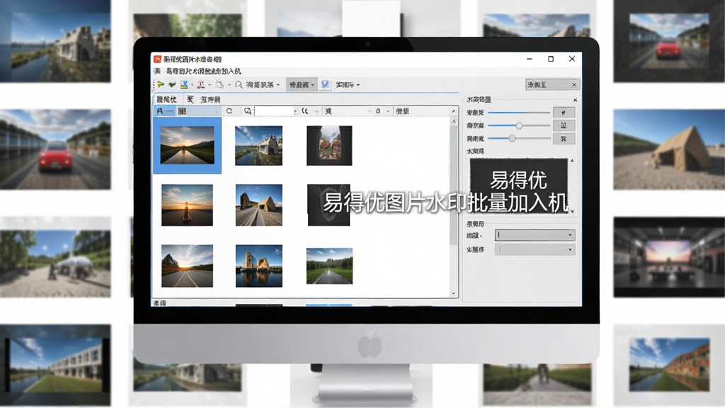 一张展示易得优图片水印批量加入机软件界面的图片,主体是电脑屏幕上打开的软件窗口,窗口内显示图片列表和水印设置面板,布局为软件界面居中展示,周围有少量图片缩略图环绕,排版简洁清晰,风格为现代软件界面截图风格,细节包括菜单栏、参数调节滑块、预览区域,画质清晰干净无多余元素,图片中文字标注“易得优图片水印批量加入机”