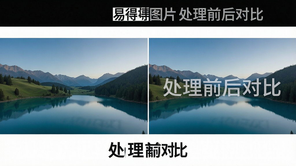 一张展示易得优图片水印批量加入机处理前后对比效果的图片,主体是左右分屏展示原图与添加水印后的图片,布局为左右对比排版,风格为写实摄影风格,细节包括左侧无水印风景照、右侧同一照片带有半透明文字水印,画质清晰干净无多余元素,图片中文字标注“处理前后对比”