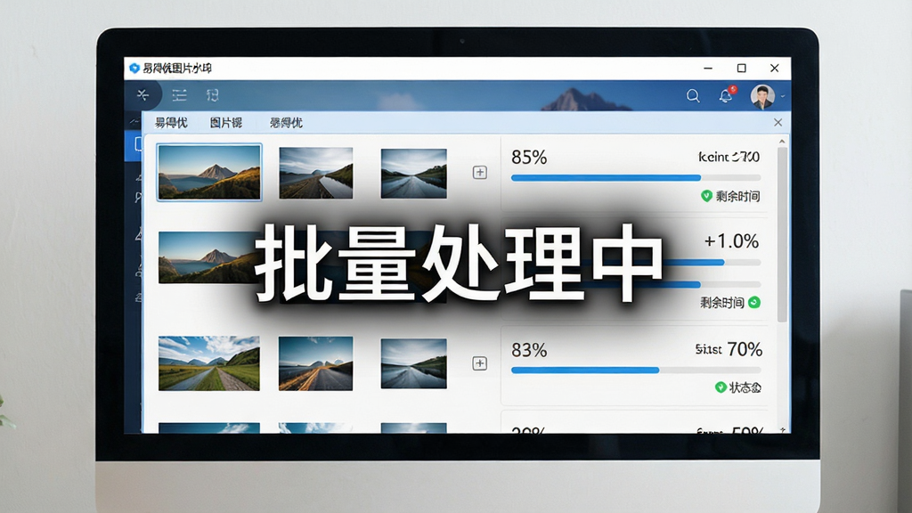 一张展示易得优图片水印批量加入机使用技巧的图片,主体是电脑屏幕上软件正在批量处理图片列表,布局为软件界面占据画面主要区域,排版为列表式展示多张图片缩略图和处理进度条,风格为科技感UI风格,细节包括进度百分比、剩余时间估算、处理状态图标,画质清晰干净无多余元素,图片中文字标注“批量处理中”