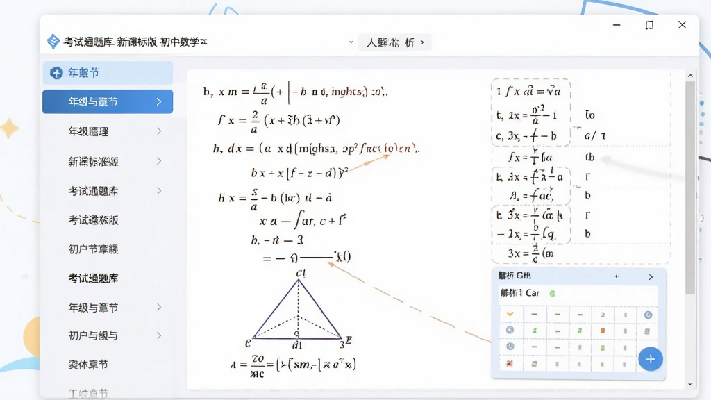 考试通题库-新课标版初中数学软件主界面展示,画面中央是初中数学题库应用窗口,左侧为年级与章节导航栏,右侧显示数学题目与解析区域,整体布局清晰,风格简洁教育风,细节包含数学公式、几何图形与答题卡元素,画质干净,无多余元素