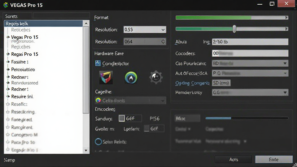VEGAS Pro 15软件的渲染输出设置界面,画面中显示格式选择菜单、分辨率参数和硬件加速选项;布局为对话框形式,左侧为预设列表,右侧为详细参数;风格为简洁专业软件界面,细节包括进度条和编码器图标;画质高清,画面干净,无多余元素