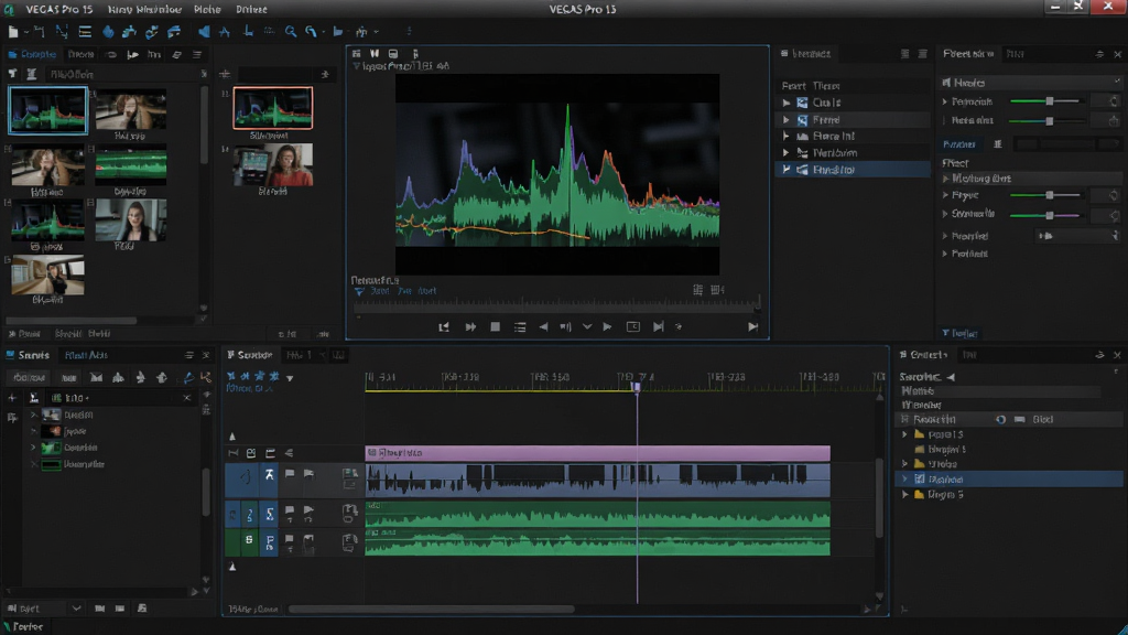 一款专业视频剪辑软件的界面全貌,画面中央是VEGAS Pro 15软件主界面,包含时间线轨道、视频预览窗口、音频波形显示和特效管理面板;布局采用经典剪辑软件三栏式排版,左侧为媒体池,右侧为参数调节区;风格为现代科技感深色主题,细节包括彩色视频缩略图、波形峰值线和工具栏图标;画质高清,画面干净,无多余元素