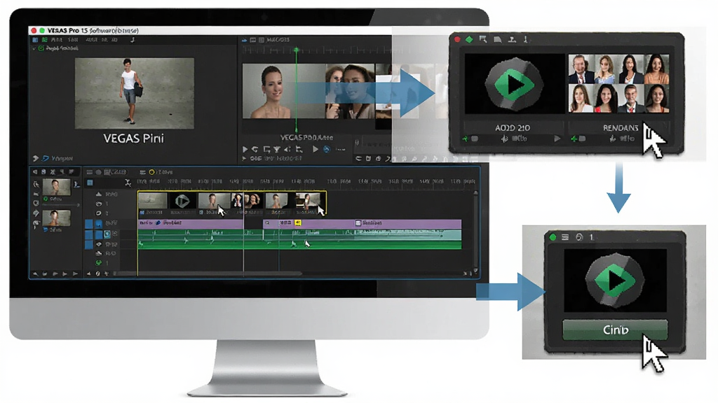 VEGAS Pro 15软件使用教程示意图,画面中展示电脑屏幕上的时间线操作步骤,包括导入素材、拖拽片段、添加转场和点击渲染按钮;布局为分步截图排列,每步配有箭头指示;风格为简洁教学图示,细节包括鼠标指针和操作高亮;画质清晰,画面干净,无多余元素
