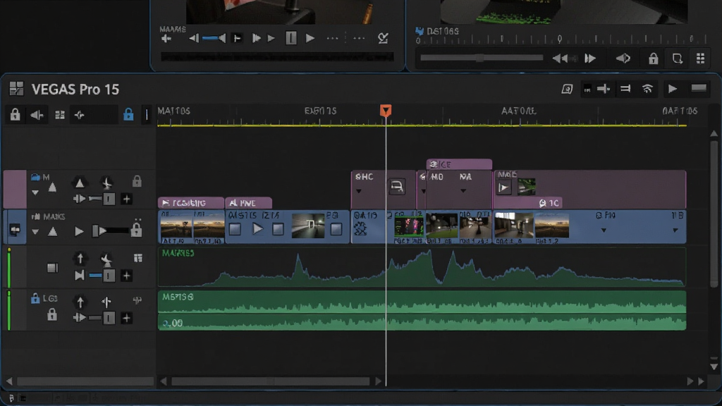 VEGAS Pro 15软件的多轨时间线编辑界面特写,画面中显示多条视频和音频轨道,轨道上分布着彩色素材片段、转场图标和音量包络线;布局以时间线为中心,上下方分别有预览窗口和轨道控制区;风格为深色专业剪辑界面,细节包括播放头、标记点和轨道锁定按钮;画质清晰,画面干净,无多余元素