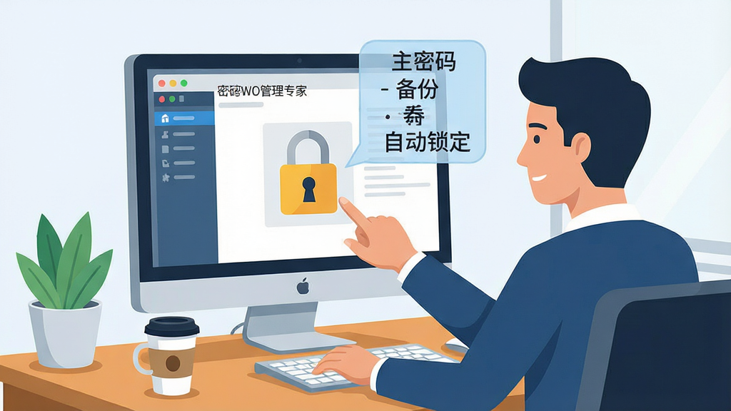 密码管理专家使用场景图,画面展示一位用户坐在电脑前,屏幕上显示密码管理专家软件界面,用户手指着屏幕上的锁形图标,旁边有提示气泡写着“主密码”“备份”“自动锁定”,风格为扁平化商务插画,细节包括办公桌、咖啡杯、绿植,画质清晰,干净,无多余元素