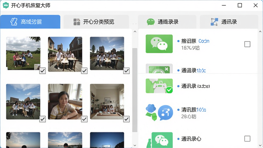 开心手机恢复大师数据分类预览界面,主体为软件窗口内展示照片、微信、通讯录等分类标签与缩略图列表,布局左右分栏,排版整齐,风格为清爽工具风,细节包含缩略图、复选框、分类图标,画质高清,干净,无多余元素