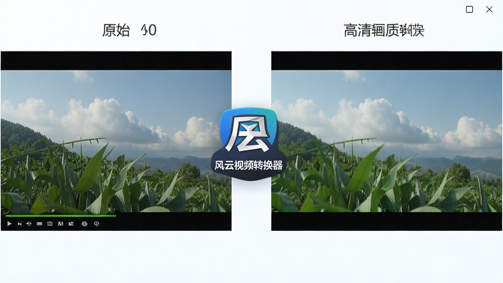 一张展示风云视频转换器高清画质输出功能的图片,画面中左侧是原始高清视频画面,右侧是转换后的高清视频画面,两者画质对比显示几乎无差异,中间有风云视频转换器标志,整体风格干净明亮,画质细腻,排版左右对称,无多余元素