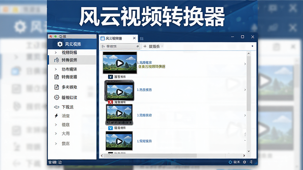 一张展示风云视频转换器软件主界面的图片,画面中央是软件操作窗口,左侧为功能导航栏,右侧为视频文件列表区域,窗口上方有醒目的风云视频转换器标题栏,整体布局简洁清晰,采用深蓝与白色搭配的现代科技风格,界面干净无多余元素,画质高清,适合软件下载站展示