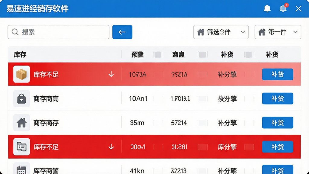 一张展示易速进销存软件库存预警界面的图片,画面中有一个库存列表,部分商品行用红色高亮显示“库存不足”,旁边有补货按钮,顶部有搜索框和筛选条件,整体布局为表格形式,风格简洁明快,白色背景,红色与蓝色点缀,画质高清,干净无多余元素。