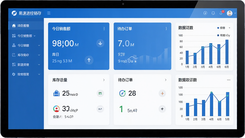 一张展示易速进销存软件电脑端主界面的图片,画面中央是软件仪表盘,显示今日销售额、库存总量、待办订单等数据卡片,左侧为功能导航栏,右侧为数据图表,整体布局简洁清晰,风格为现代商务科技风,蓝色与白色为主色调,画质高清,干净无多余元素。