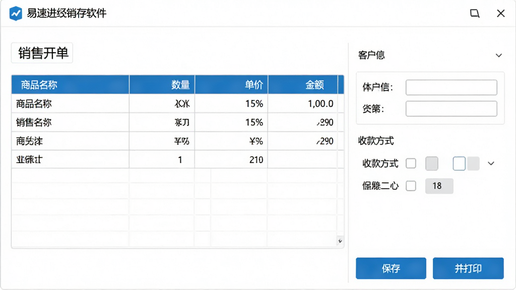 一张展示易速进销存软件销售开单界面的图片,画面中有一张销售单表格,包含商品名称、数量、单价、金额等字段,右侧有客户信息和收款方式选项,底部有保存并打印按钮,整体风格简洁商务,白色背景,蓝色按钮,画质清晰,干净无多余元素。
