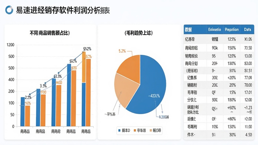 一张展示易速进销存软件利润分析报表的图片,画面中有柱状图和饼图,分别显示不同商品的销售额占比和毛利趋势,右侧有数据表格,整体风格为现代数据可视化,蓝色与橙色为主色调,白色背景,画质清晰,干净无多余元素。