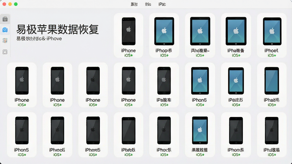 一张展示易极苹果数据恢复支持设备列表的图片,主体为软件界面中显示的多种iPhone和iPad型号图标,布局为网格状排列,排版为整齐的设备图标矩阵,风格为简洁扁平化设计、浅色背景,细节包括“易极苹果数据恢复”文字标识、各型号设备轮廓、iOS版本号标签,画质高清、干净、无多余元素