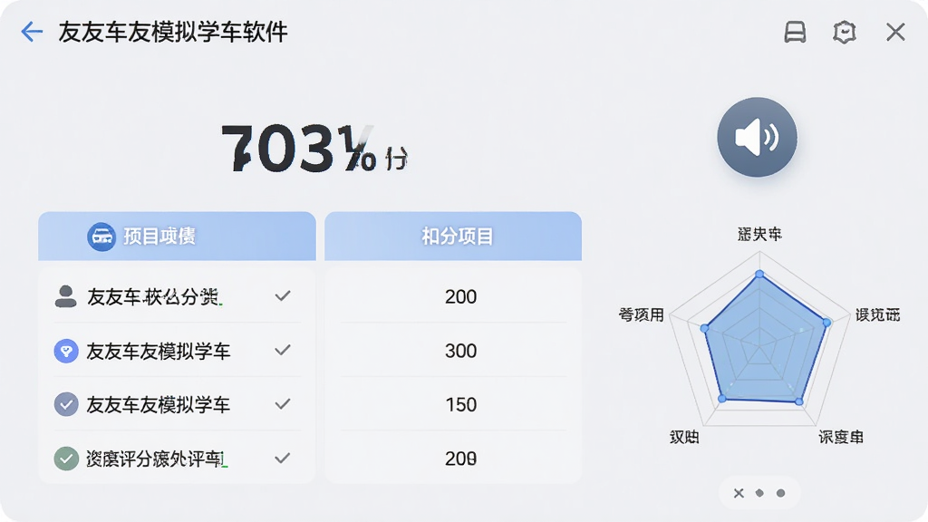 画面展示友友车友模拟学车软件的成绩评分界面,中央显示分数与扣分项目列表,右侧有语音播报图标与雷达图分析,背景为浅灰色,界面风格整洁,画面干净,无多余元素,高清画质