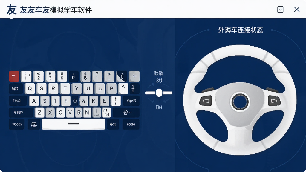 画面展示友友车友模拟学车软件的操作设置界面,左侧为键盘键位映射图,右侧为方向盘外设连接状态,中间是灵敏度调节滑块,界面风格简洁,色调以深蓝与白色为主,画面干净,无多余元素,高清画质