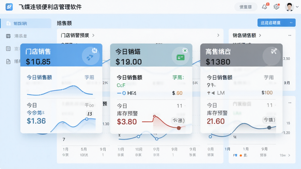 飞蝶连锁便利店管理软件多门店管理界面,画面中显示三个不同门店的销售数据卡片并排排列,每个卡片上有门店名称、今日销售额、库存预警数量,背景为浅蓝色数据看板,风格简洁商务,细节包含图表曲线与数字标注,画质清晰,布局整齐,无多余装饰