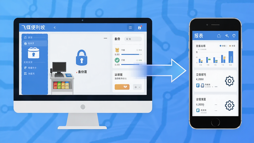飞蝶连锁便利店管理软件使用技巧示意图,画面展示电脑屏幕与手机屏幕并排,电脑端为收银界面,手机端为报表界面,中间有数据同步箭头,风格扁平化科技感,细节包含备份图标与设置齿轮,画质清晰,布局简洁,无多余元素