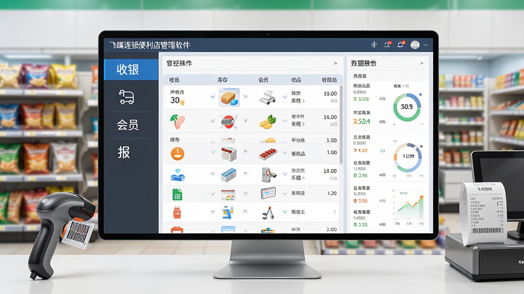 飞蝶连锁便利店管理软件主界面全貌展示,画面中央为软件操作窗口,左侧是功能导航栏,包含收银、库存、会员、报表等图标,右侧为商品列表与数据看板,整体布局清晰整洁,风格为现代商务简约风,细节上体现便利店货架、扫码枪、收银小票等元素,画质高清,画面干净,无多余元素