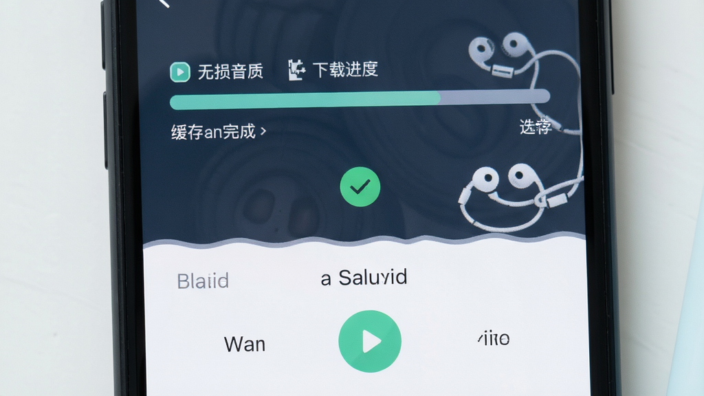 主体是手机屏幕显示下载进度条与音质选择界面,布局为上下结构,排版简洁,风格为清新浅色系,细节包括“无损音质”标签、缓存完成对勾图标、耳机线缠绕的图案,画质高清,干净,无多余元素