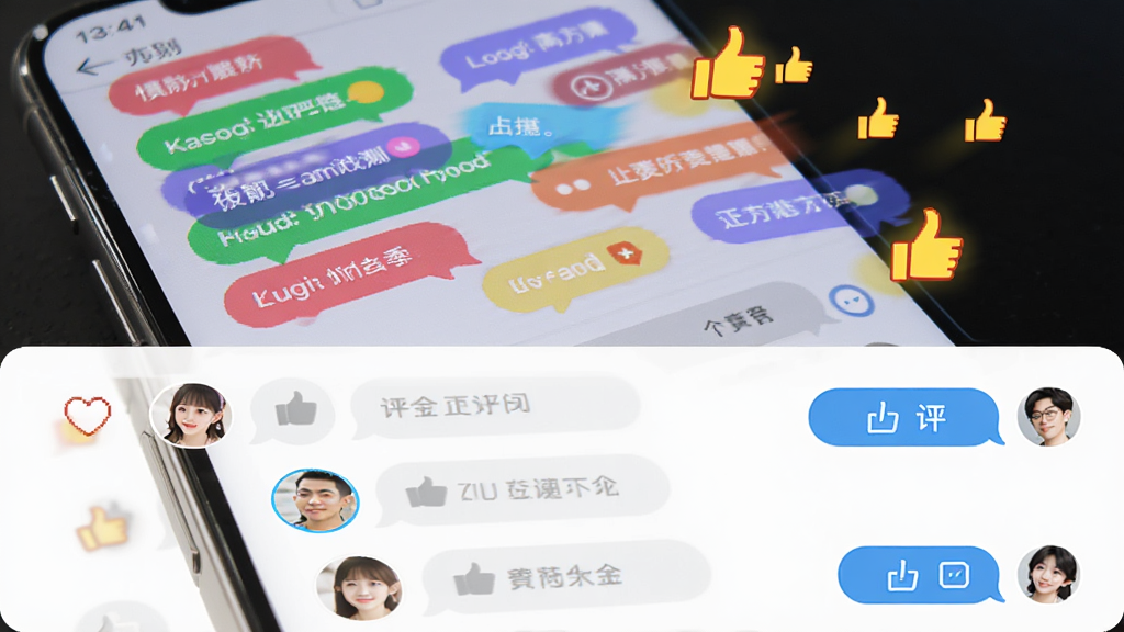 主体是手机屏幕显示弹幕飞过与评论区列表,布局为上下结构,排版活泼,风格为年轻化社交风,细节包括彩色弹幕气泡、点赞手势、用户头像、聊天气泡,画质高清,干净,无多余元素