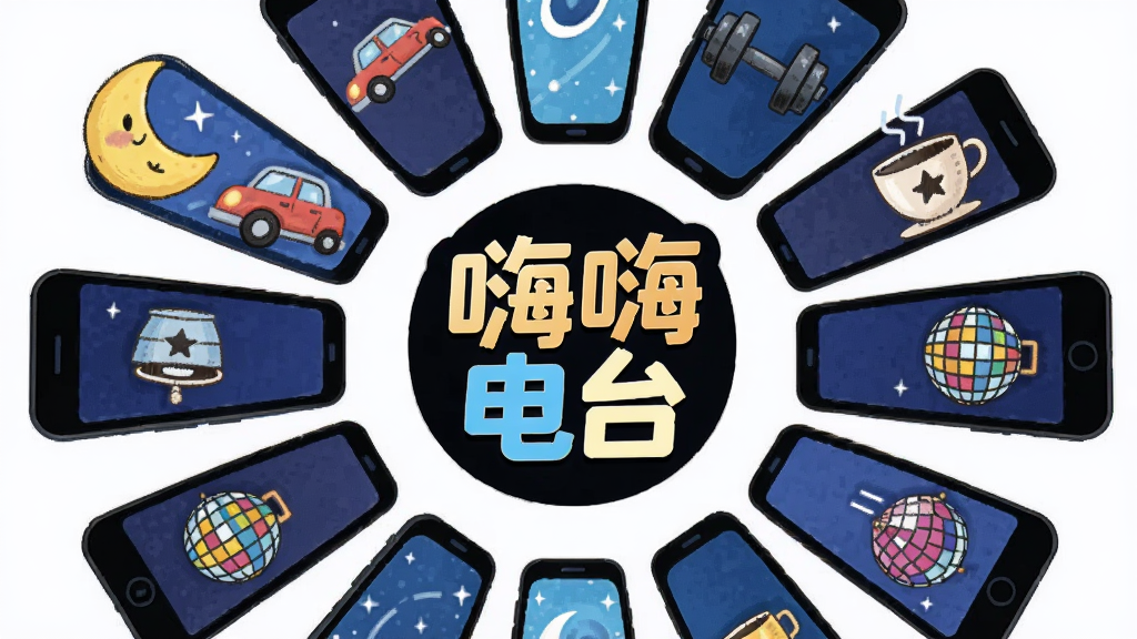主体是多个场景图标环绕手机,布局为圆形放射状,排版中心为“嗨嗨电台”Logo,风格为活泼插画风,细节包括月亮、汽车、哑铃、咖啡杯、迪斯科球等小图标,画质高清,干净,无多余元素