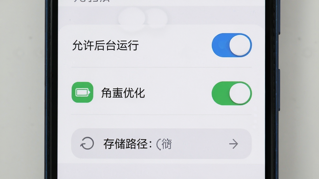 主体是手机屏幕显示设置界面与权限开关,布局为上下结构,排版清晰,风格为扁平化教程风,细节包括“允许后台运行”开关、电池优化图标、存储路径选择按钮,画质高清,干净,无多余元素