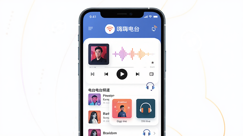 主体是一个现代感十足的音乐电台应用界面,布局为手机屏幕居中展示,排版采用上下结构,上方是应用Logo和名称“嗨嗨电台”,中间是音乐播放器与电台频道列表,风格为科技感与温馨感结合的扁平化设计,细节包括动态音波、彩色专辑封面、耳机图标,画质高清,干净,无多余元素