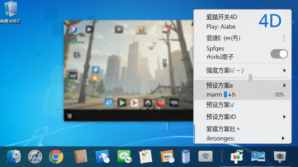 一键开关与快捷调节示意图,主体为爱踏居4D播放插件的系统托盘右键菜单,布局在桌面右下角,排版为菜单列表样式,风格为Windows原生风格,细节包含开关选项、强度调节子菜单、预设方案名称,画质高清,干净,无多余元素