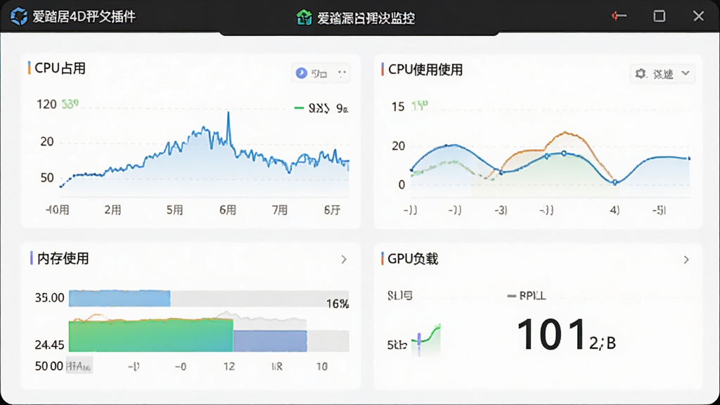 低资源占用运行示意图,主体为爱踏居4D播放插件的资源占用监控面板,布局在屏幕中央,排版为仪表盘样式,风格为数据可视化风格,细节包含CPU占用率曲线、内存使用条、GPU负载数值,画质高清,干净,无多余元素