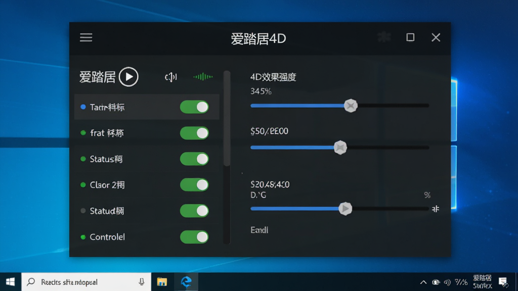 软件主界面展示,主体为爱踏居4D播放插件在Windows电脑上的控制面板窗口,布局居中,左侧显示功能开关列表,右侧为4D效果强度调节滑块,排版简洁清晰,风格为现代科技感深色主题,细节包含播放器图标、状态指示灯、参数数值,画质高清,干净,无多余元素