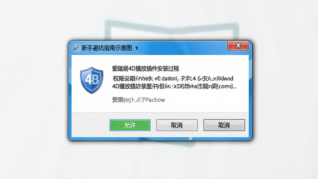 新手避坑指南示意图,主体为爱踏居4D播放插件安装过程中的权限提示窗口,布局在屏幕中央,排版为对话框样式,风格为Windows系统风格,细节包含权限说明文字、允许按钮、取消按钮、盾牌图标,画质高清,干净,无多余元素