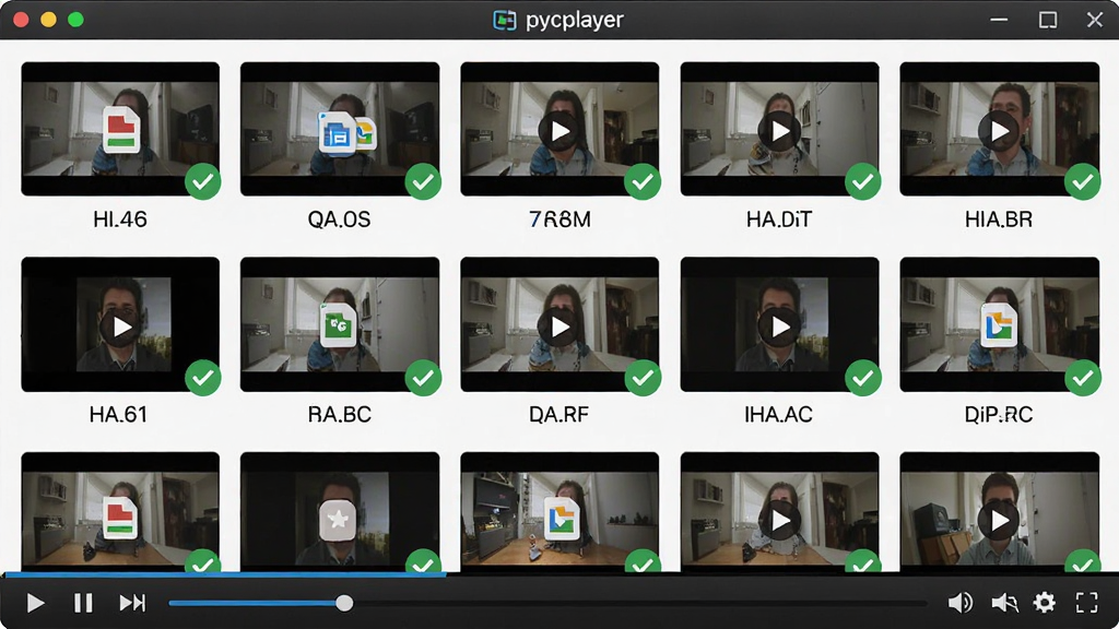 一张pycplayer软件功能展示图,主体为播放器窗口同时打开多个不同格式的视频文件缩略图,布局采用网格排列,每个缩略图下方标注格式名称,风格为扁平化设计,细节上播放器界面带有格式兼容图标和绿色对勾标记,画质高清,干净,无多余元素。