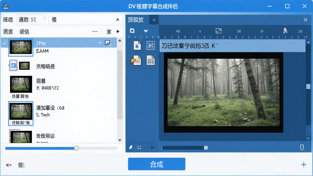 一张展示DV视频字幕合成伴侣软件界面的图片,画面中央是软件操作窗口,左侧为视频文件列表,右侧为字幕轨道预览,底部有合成按钮,整体布局清晰,风格为现代简约科技蓝,细节包含进度条和格式图标,画质高清,干净,无多余元素