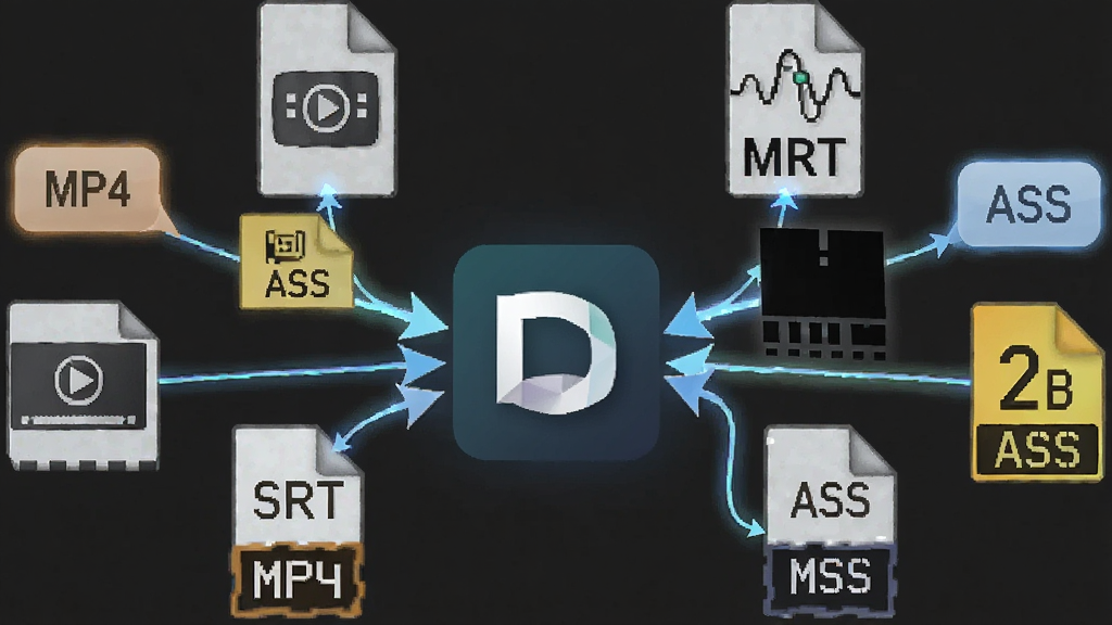 一张展示DV视频字幕合成伴侣多格式兼容功能的图片,画面中视频文件图标与字幕文件图标通过箭头汇聚到软件标志上,周围环绕MP4、SRT、ASS等格式标签,风格为扁平化信息图,细节有流光连接线,画质清晰,干净,无多余元素