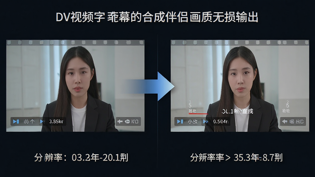 一张展示DV视频字幕合成伴侣画质无损输出功能的图片,画面中左侧为原始视频画面,右侧为合成字幕后画面,中间有对比箭头,底部显示分辨率参数,风格为科技对比展示,细节有清晰度标识,画质高清,干净,无多余元素