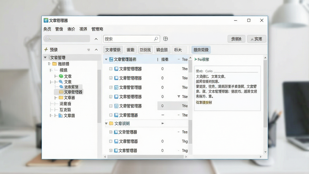 一张展示文章管理器软件主界面的预览图,画面中央为软件窗口,窗口内左侧是分类目录树,右侧是文章列表与预览区域,界面风格简洁清爽,采用浅色主题,窗口标题栏显示“文章管理器”字样,整体布局整齐,风格为现代办公软件截图风,细节包含菜单栏、搜索框、标签按钮,画质清晰,画面干净,无多余元素