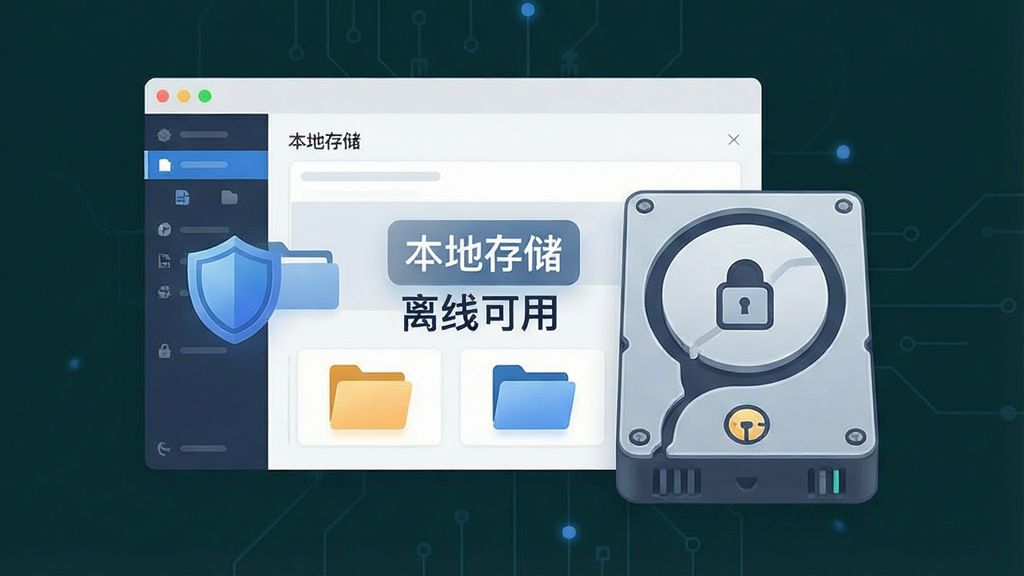一张展示文章管理器离线数据安全概念的示意图,画面主体为软件界面与本地硬盘图标组合,界面中显示“本地存储”与“离线可用”字样,风格为科技简约风,细节包含盾牌图标、文件夹、锁形标志,画质清晰,画面干净,无多余元素