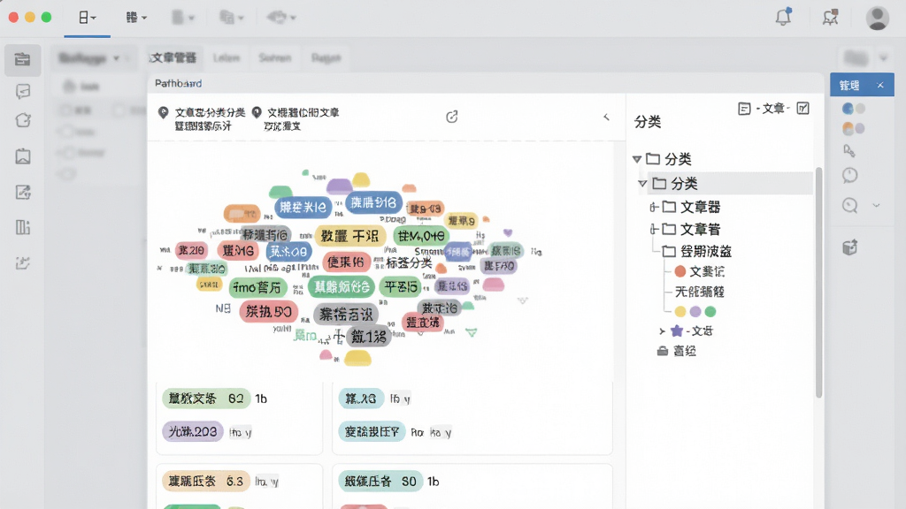一张展示文章管理器标签分类管理功能的示意图,画面主体为软件标签管理面板,面板内显示多个彩色标签与对应文章数量,背景为浅灰色工作区,风格为简约办公软件界面,细节包含标签云、分类树、颜色标记,画质清晰,画面干净,无多余元素