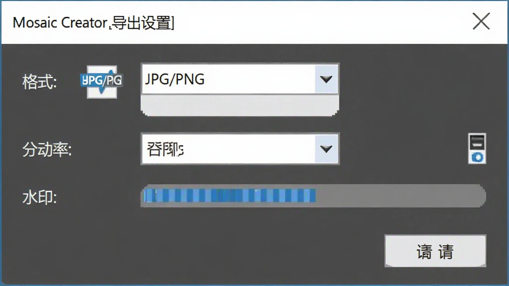 Mosaic Creator 导出设置窗口,主体为软件保存对话框,布局为格式选择、分辨率输入、水印选项排列,排版简洁,风格为商务实用风,细节包含JPG/PNG图标、分辨率下拉菜单、导出进度条,画质清晰,画面干净,无多余元素
