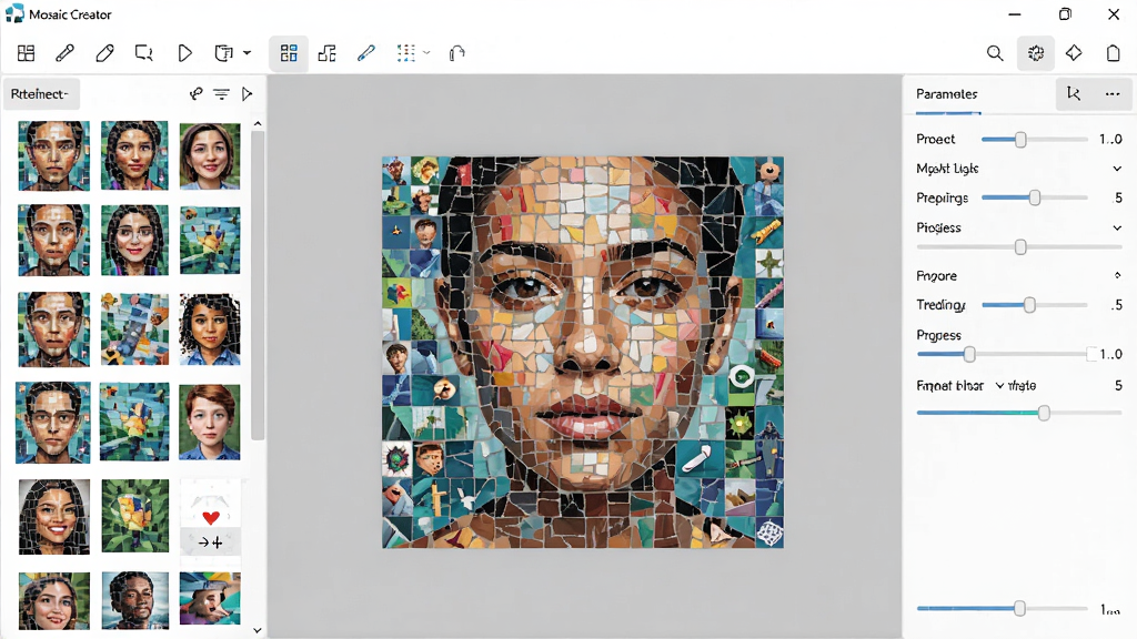 Mosaic Creator 马赛克照片生成器软件主界面全貌,主体为软件操作窗口,布局左侧素材库、中间画布预览、右侧参数调节面板,排版清晰有序,风格为现代简约科技感,细节包含彩色小图拼合的大幅人像预览、工具栏图标、进度条,画质高清,画面干净,无多余元素