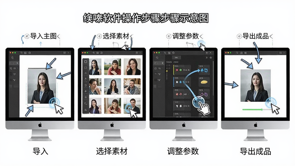 Mosaic Creator 软件操作步骤示意图,主体为四步流程展示,布局为横向排列的四个电脑屏幕截图,排版从左到右依次为导入主图、选择素材、调整参数、导出成品,风格为教程图解风,细节包含中文标注箭头、鼠标点击高亮、进度提示,画质高清,画面干净,无多余元素