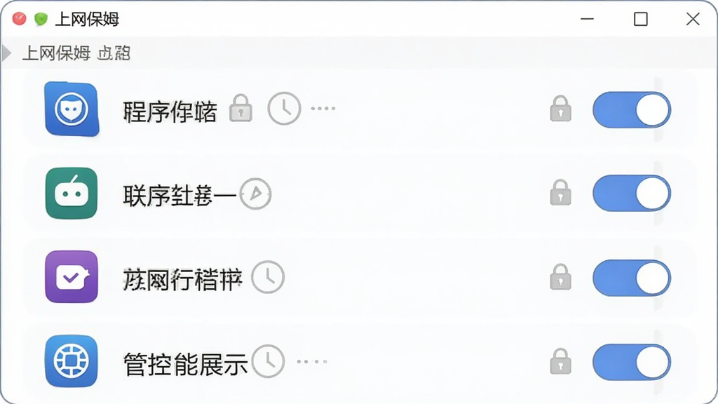 程序联网管控功能展示,主体为软件名称上网保姆的界面截图风格插画,布局为纵向列表排列多个程序图标,排版左对齐,风格为清爽简约的UI示意图,细节包括每个程序右侧的开关按钮、锁形图标、时钟标记,画质高清,干净,无多余元素