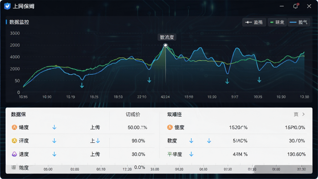 网络流量查看功能展示,主体为软件名称上网保姆的流量监控面板,布局为上方曲线图下方数据列表,排版居中,风格为深色科技风数据可视化,细节包括上传下载箭头、速度数值、时间轴刻度,画质高清,干净,无多余元素